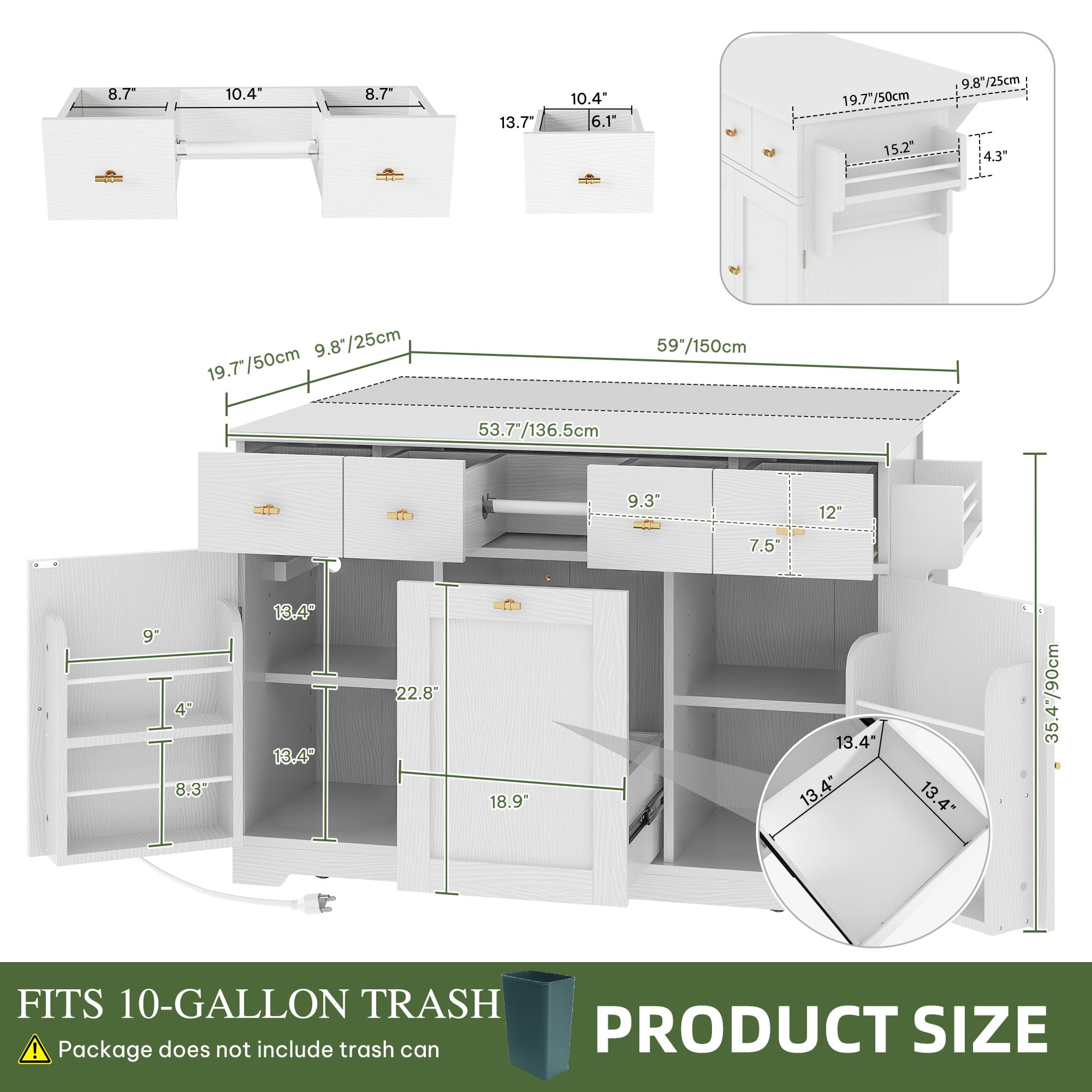 Uforic Kitchen Island with Power Outlets & Drop Leaf, Kitchen Cart with Trash Storage, White