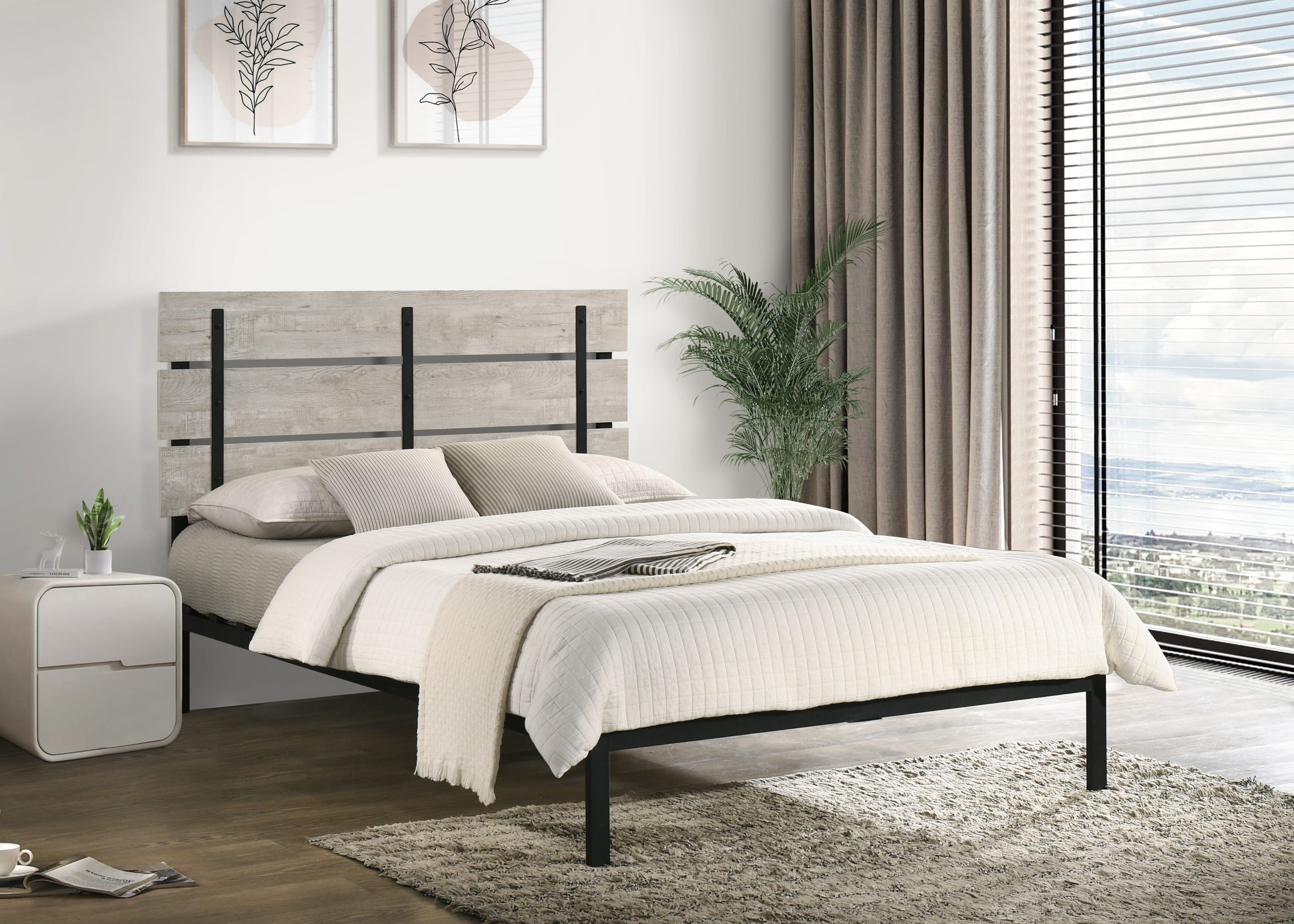 Home Design Hayward Queen Metal Platform Bed Frame with Full Slats and Under-Bed Storage, Gray, Easy Assembly