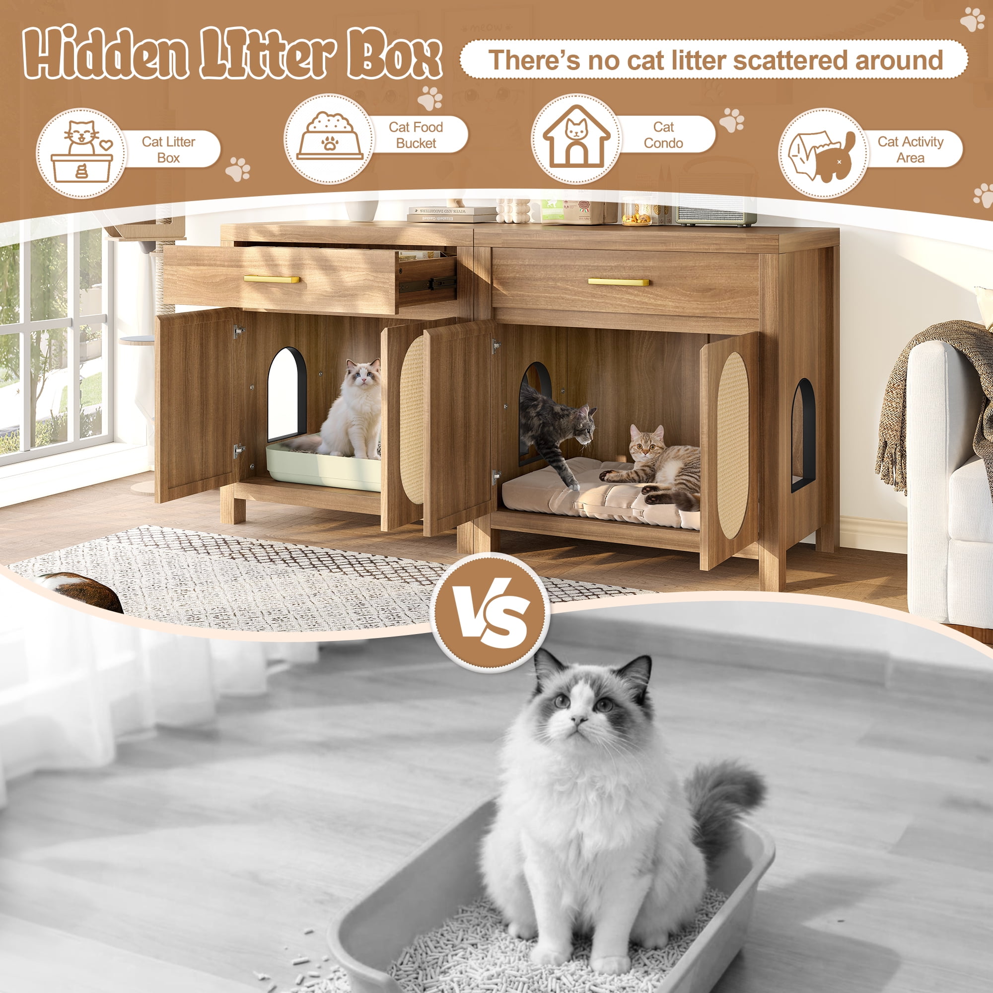 UPLLX Cat Litter Box Enclosure Furniture, Hidden Wooden Cat House with Scratching Doors, Storage Drawer, Side Table Cabinet, Espresso