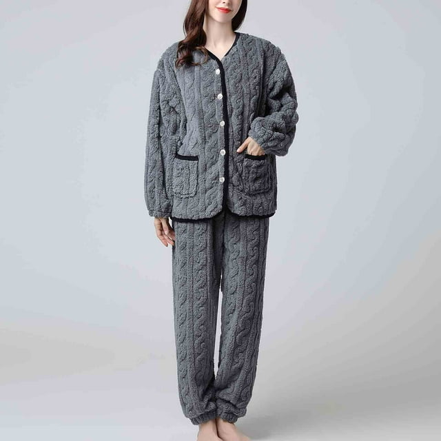 Couples Women Button Warm Winter Flannel Pajamas Set Long Sleeve Long Pant