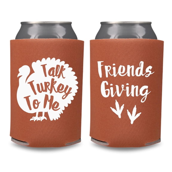Friendsgiving Can Coolers, Talk Turkey To Me - Friendsgiving, Funny Gag Gift Beer Coolies, Thanksgiving Party Favors (Rust)