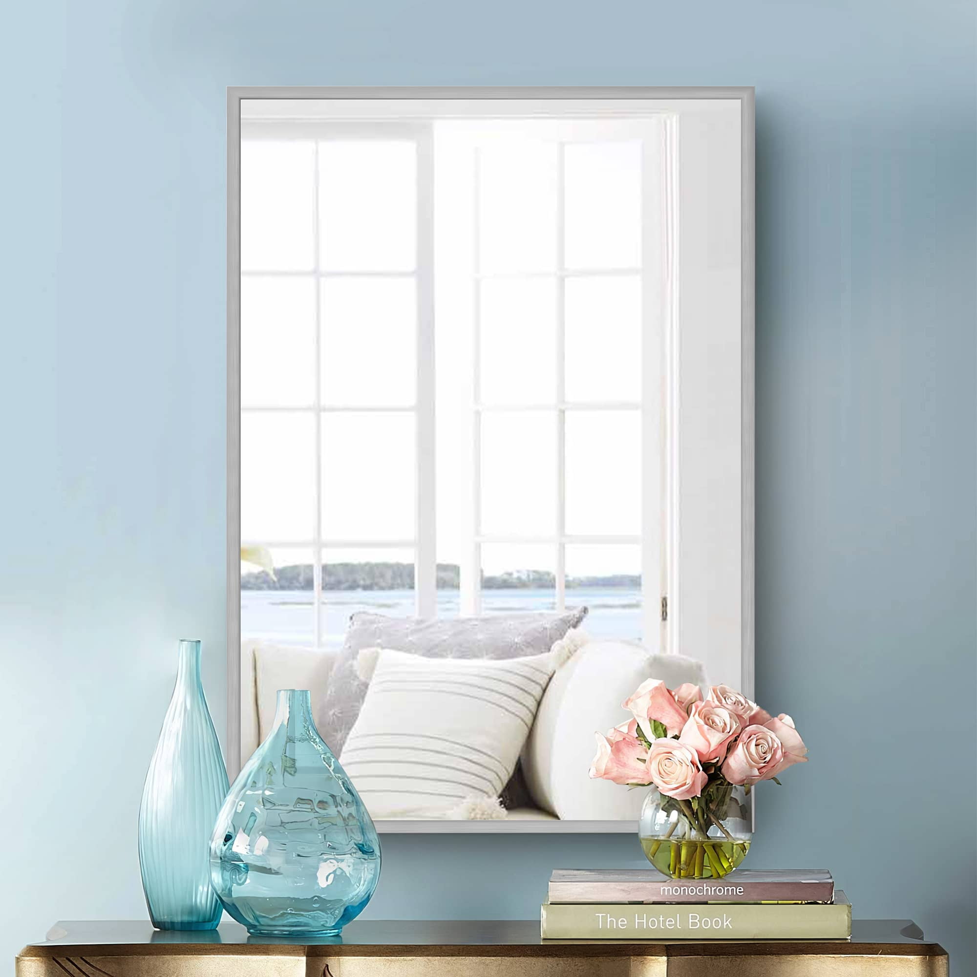 MAYEERTY 38"x26" Aluminum Alloy Rectangular Hanging Mirror, Mid-Century Bathroom Mirror, Silver