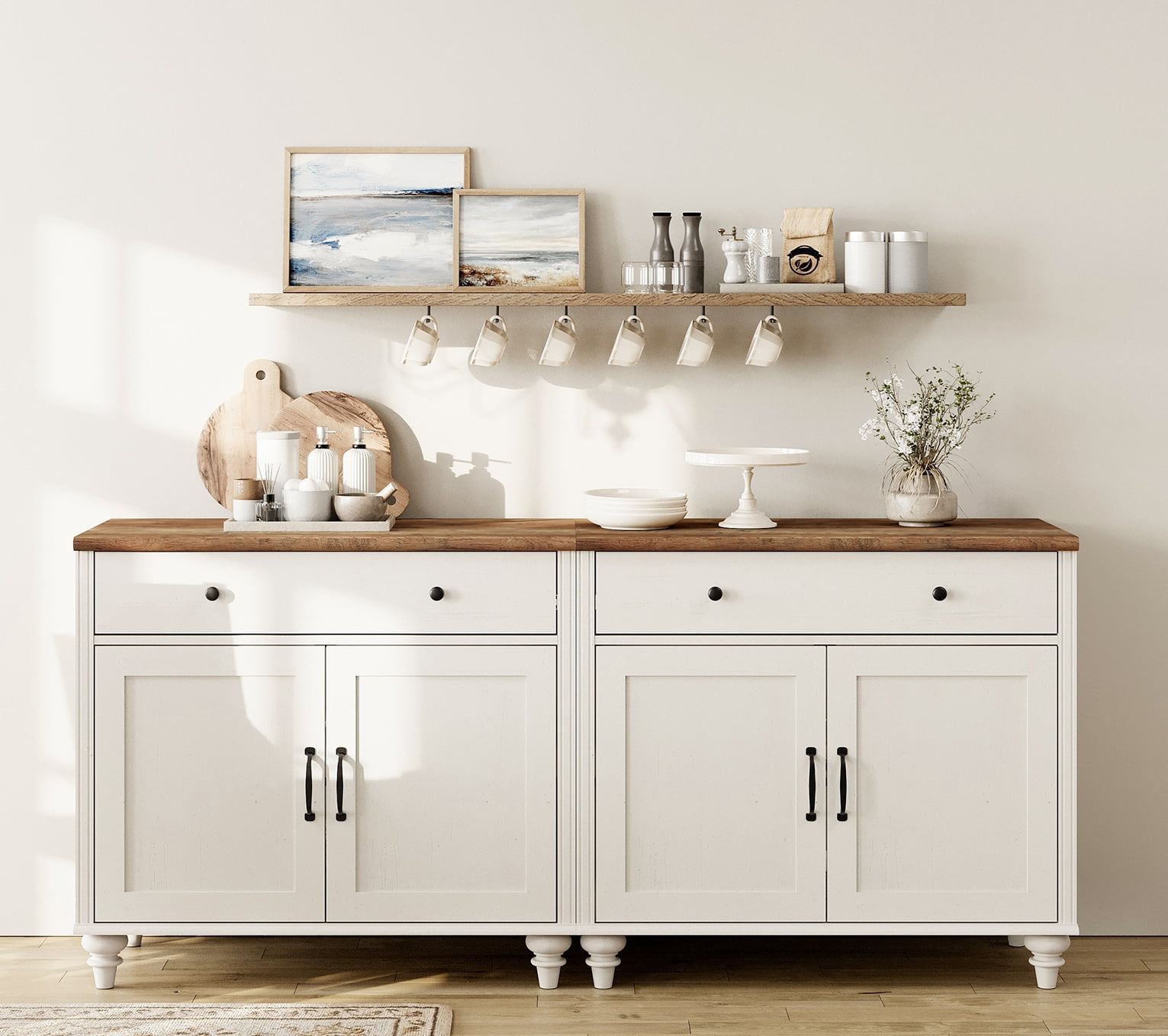 Sideboards Cabinet with 4 Doors and 2 Drawers, Farmhouse Large Buffet Cabinet Wood Kitchen Storage Cabinets, Modern Sideboard Credenza for Dining Room, White, 68"