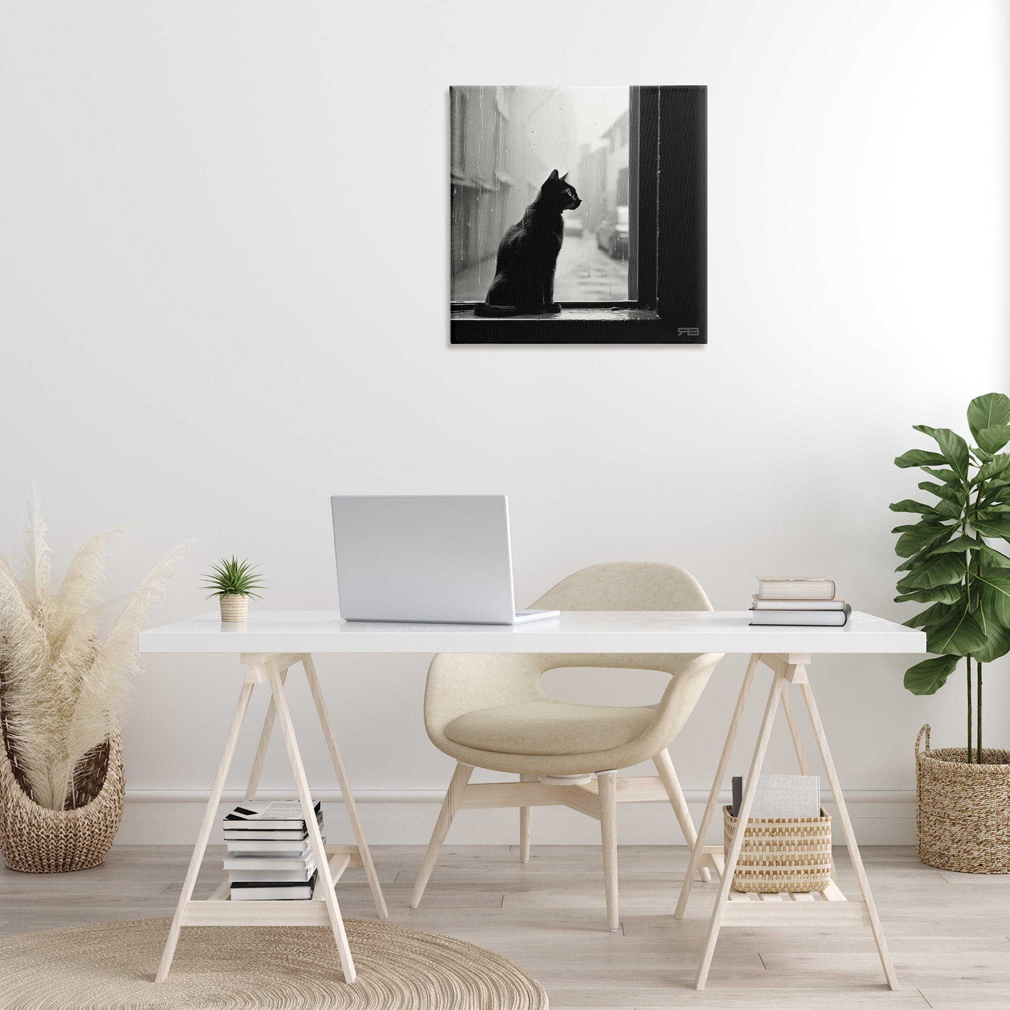 Stupell Industries Cat Gazing Rainy Window Animals & Insects Painting Gallery Wrapped Canvas Art Print Wall Art, 24 x 24