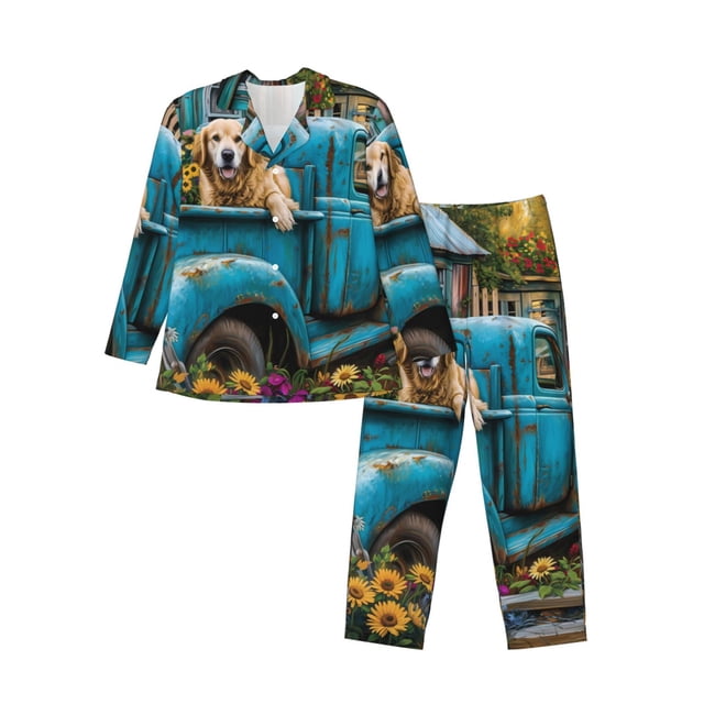 Balery Vintage Pickup Sunflower Dog Pijama para Hombre de Dos Piezas con Manga Larga, Conjunto de Dormir y Descanso Suave con Bolsillos-Large