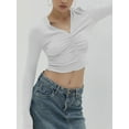 thumbnail image 4 of Liacowi Women Ruched T-Shirt Casual V Neck Long Sleeve Slim Fit Crop Tops Summer Solid Color Shirt Streetwear, 4 of 5
