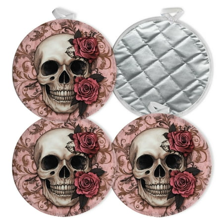 

4 PCS Pot Holders for Kitchen Potholders Sets with Hook for Oven Cooking Baking Round Design With Skull In Roses