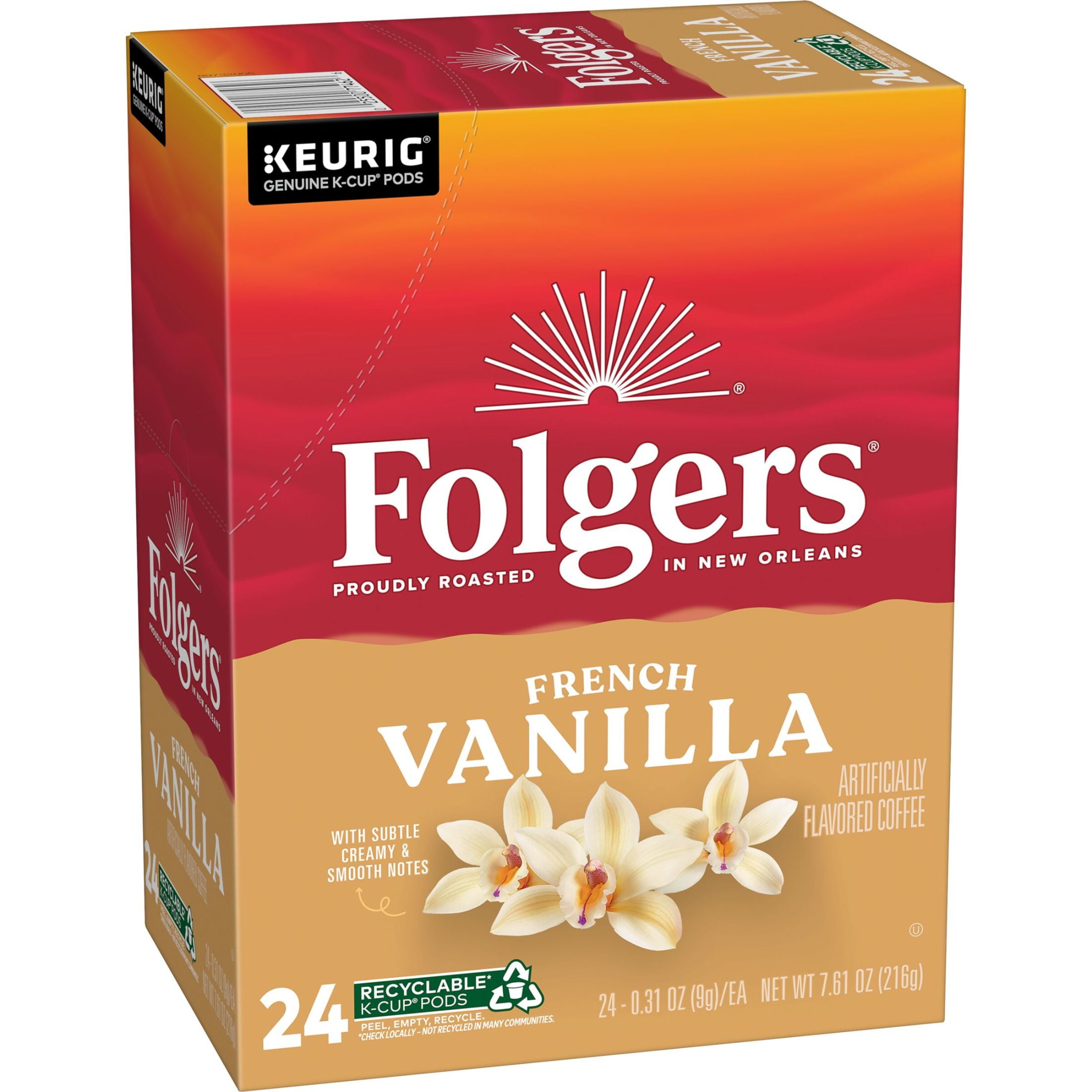 (4 pack) (4 pack) Folgers French Vanilla Artificially Flavored Coffee, Mild Roast, Keurig K Cup Pods, 24 Count Box
