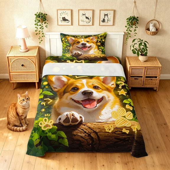 Manfei Corgi Dog Corgi Twin Sheets, Neon Doodle Bedding, Green Gold, 3pcs, 1 Flat Sheet, 1 Fitted Sheet and 1 Pillowcase