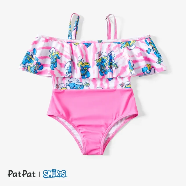 The Smurfs Girls Swimsuits One Piece Graphic Ruffled Off Shoulder Swimwear Family Matching Bathing Suits Sizes 2-12T