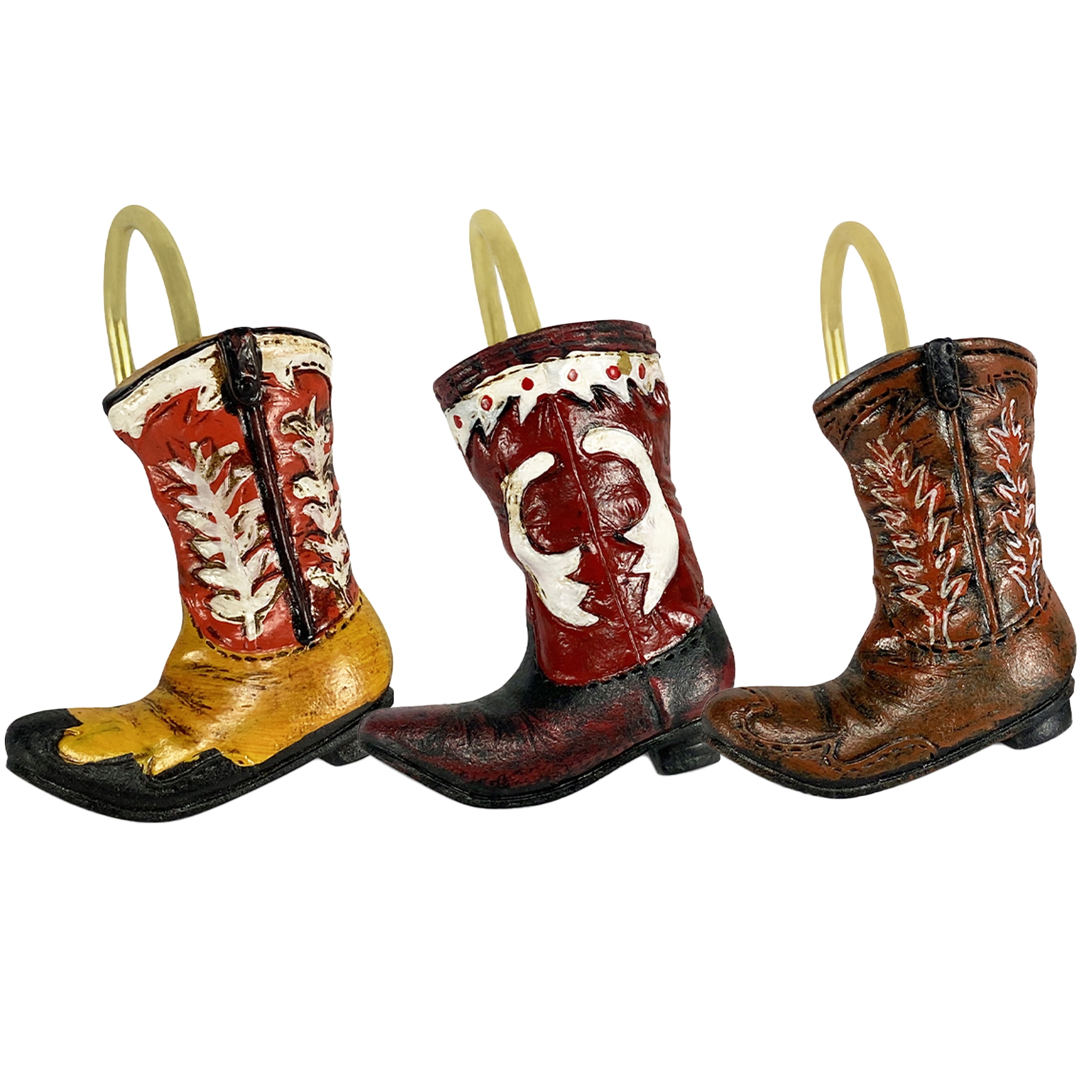 Rivers Edge Products 12-Pack Shower Curtain Hooks, Hand-Painted Country Decorations and Shower Curtain Rings, Western Bathroom Decor and Accessories, Cowboy Boot