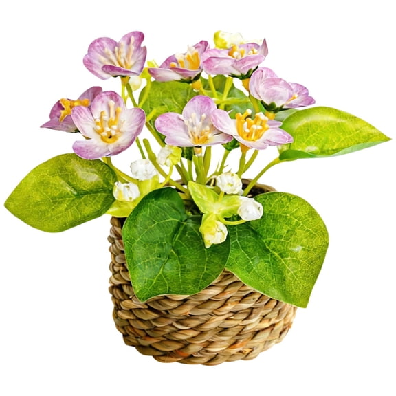 Small Artificial Potted Flowers in Woven Basket, Realistic Fake Plants with Green Leaves & Multicolor Blooms, Indoor Decor for Home Office Tabletop, Bathroom Shelf, Farmhouse & Boho Style