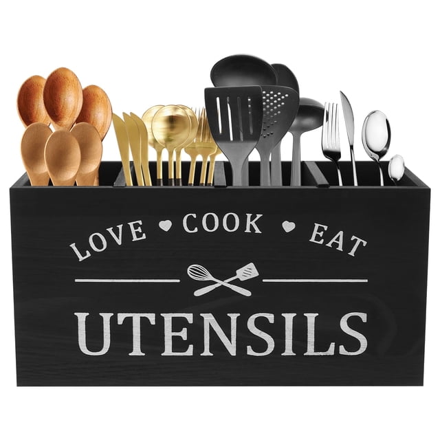 Soporte de Utensilios de Madera Resistente Organizador de Utensilios de Cocina con 4 Compartimentos y Fondo de Drenaje Organizador de Cubiertos Soporte de Vaso Organizador de Cubiertos para Utensilio