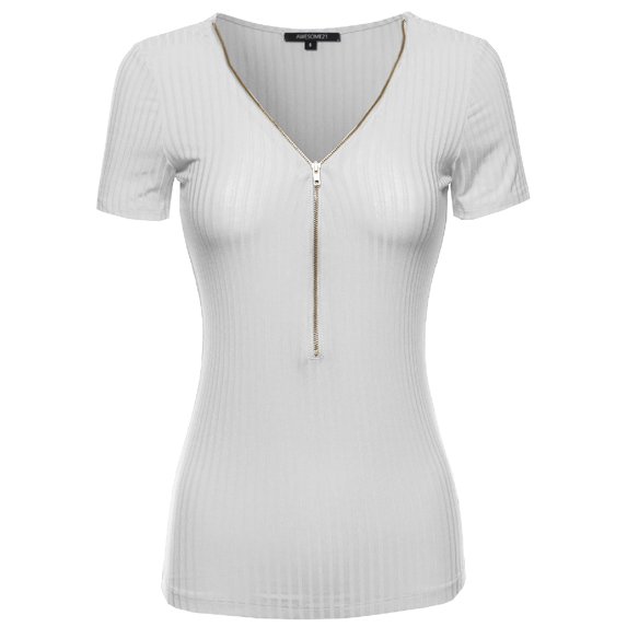 FashionOutfit Women's Cap Sleeve Ribbed Tee With Center Zipper
