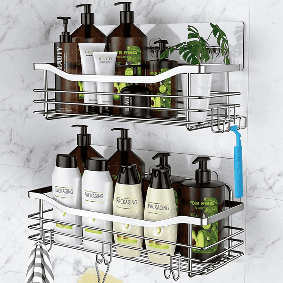 2 Pcs Shower Shelf, Large Bathroom Wall Mounted Shower Caddy | No Drill Self Adhesive Bathroom Organizer with Self Adhesive Tape