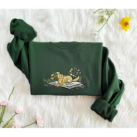 Dog With Book And Flowers Embroidered Sweatshirt