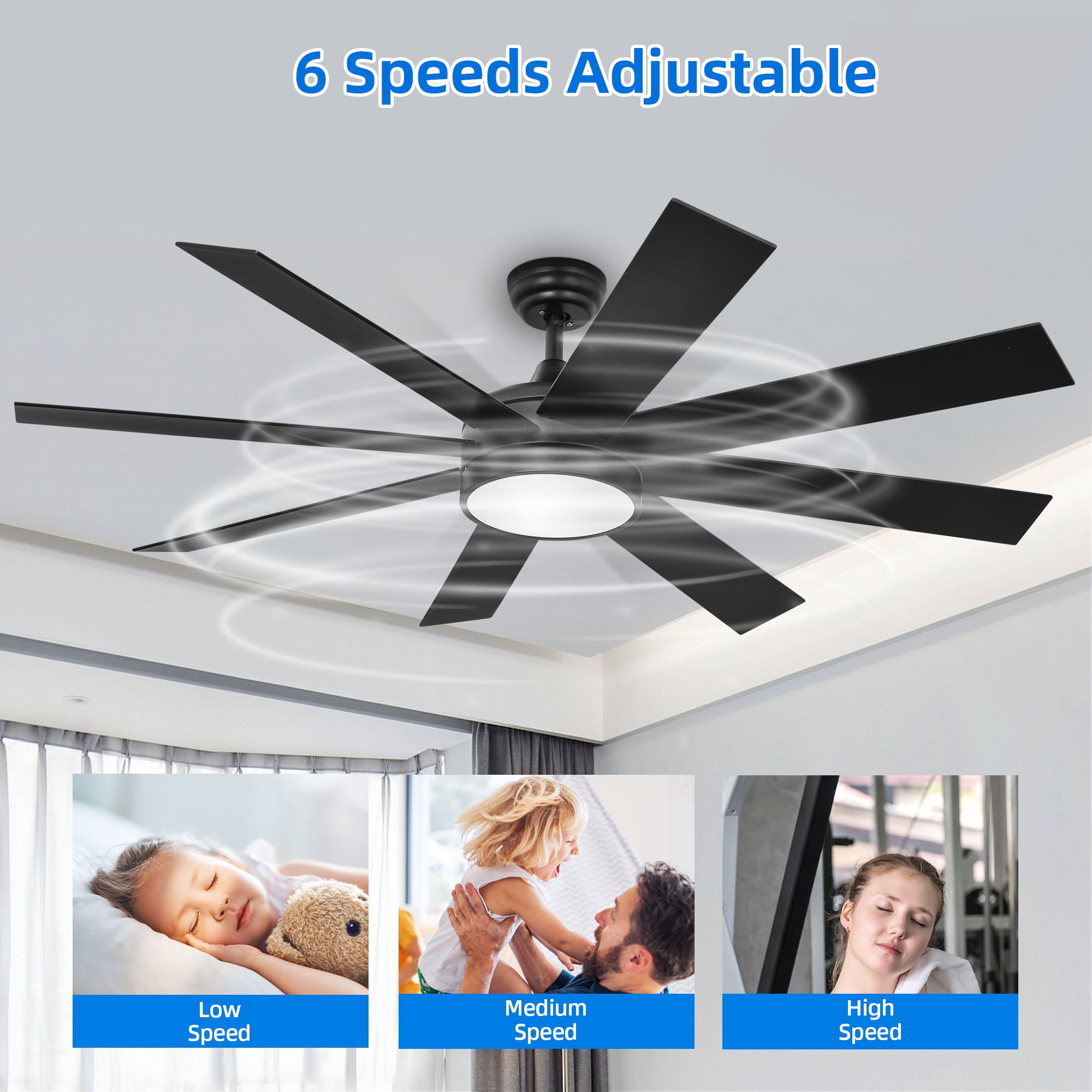 Dextrus 60 inch Modern Ceiling Fan with Light and Remote, DC Fanlight for Livingroom, Bedroom, 8 Blades, Reverse Airflow,6 Speeds, 3 Color Temperatures - Black