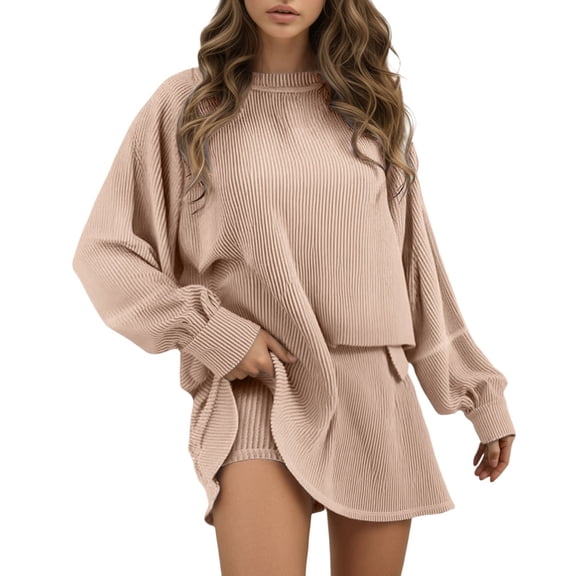 Arlun Women's Casual Spring Outfit Long Sleeve Crewneck Pullover Sweatshirts Short Skirts with Underwear Shorts Loose Comfy Pure Textured 2 Piece Sweatsuits for Daily Wear White XL