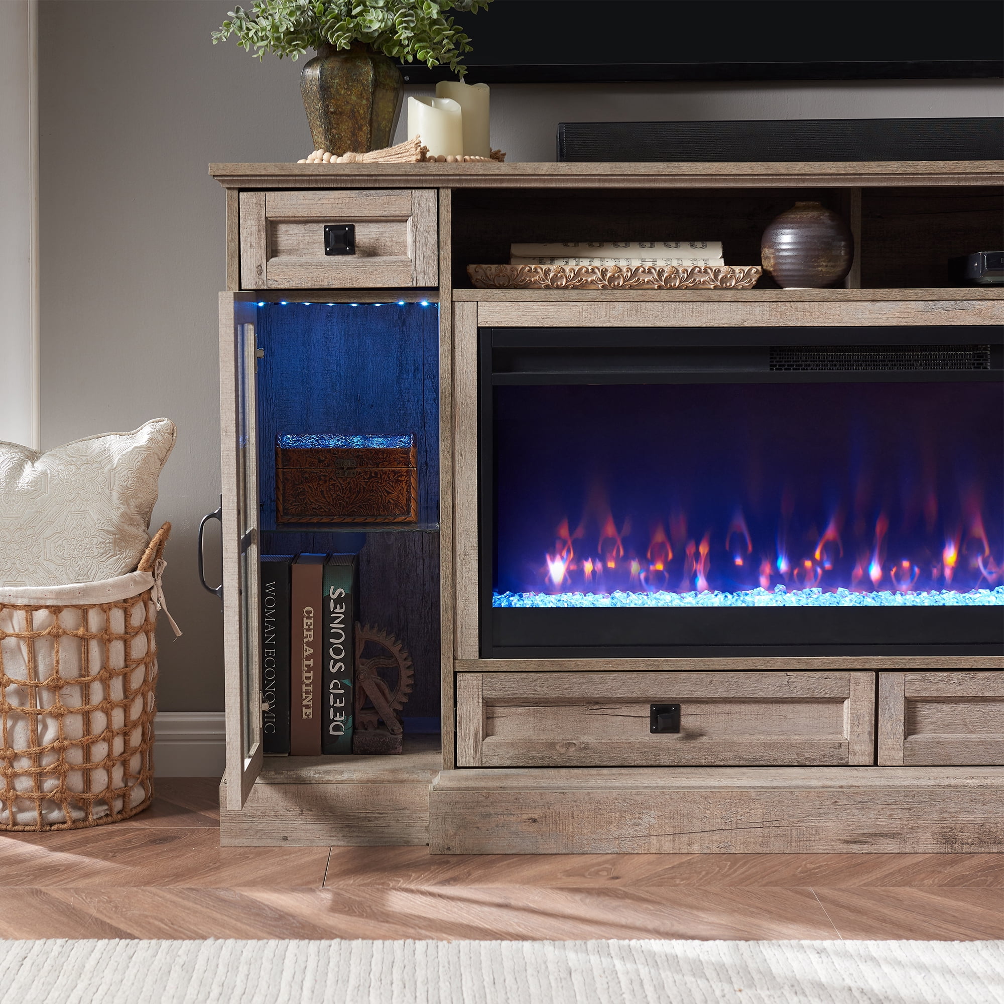 OKD Fireplace TV Stand for TVs up to 80",Farmhouse Entertainment Center with 42" Fireplace & LED Lights, Light Rustic Oak