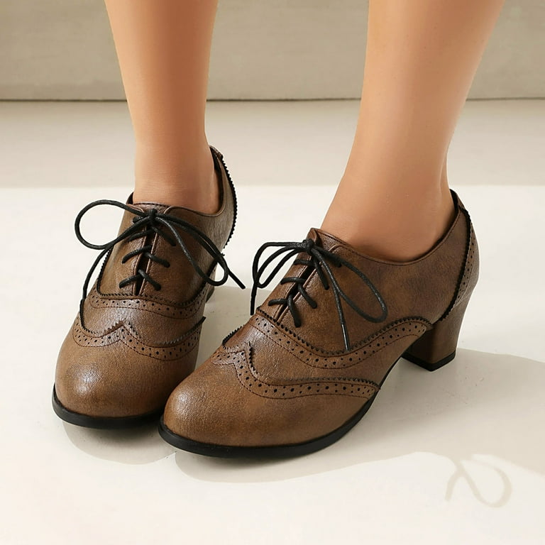 Oyedens Womens Vintage Dress Shoes Ankle Booties Fall Leather Chunky High Heel Oxfords Short Ballet Flats Short Boots, Women's, Size: 6.5, Brown