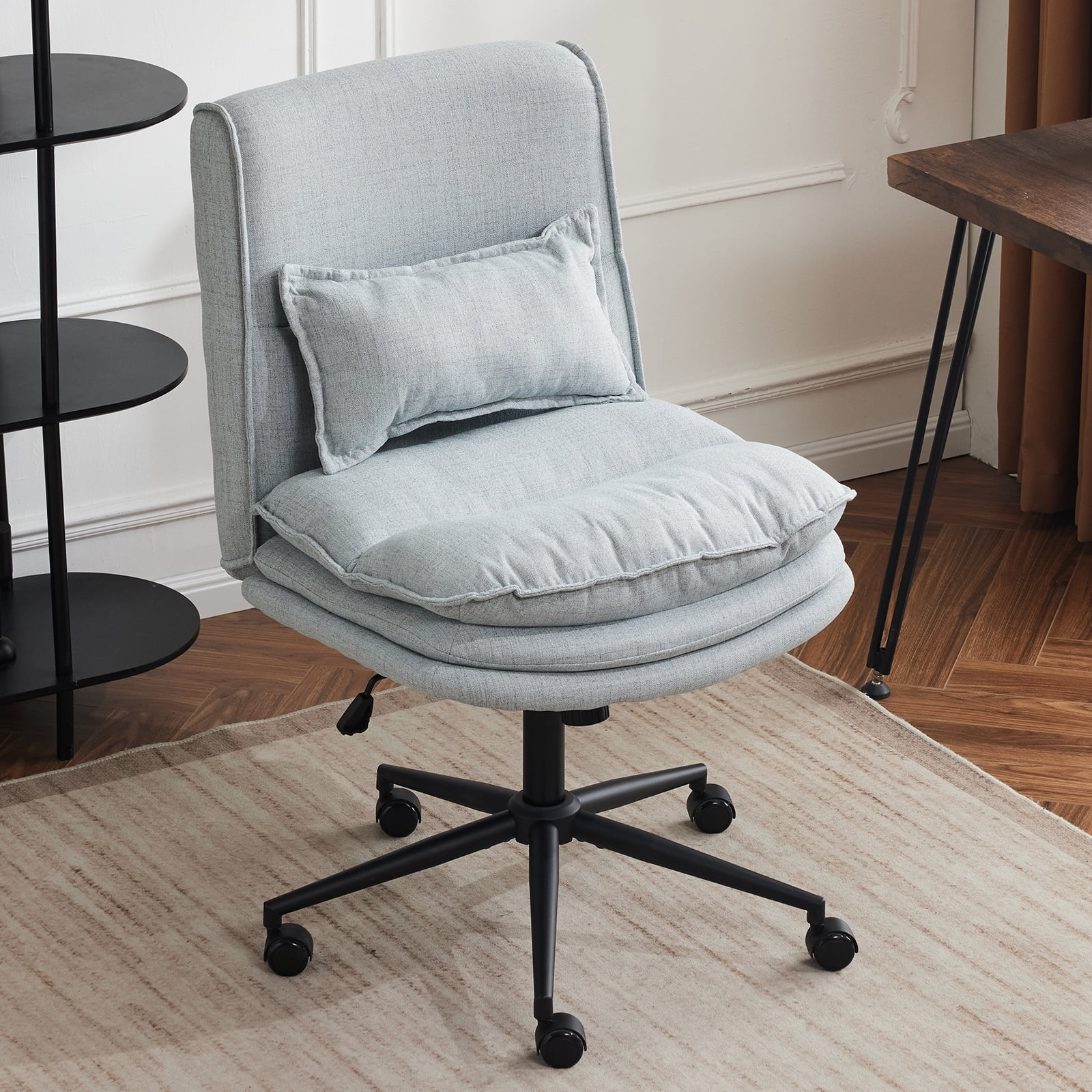 Ktaxon Armless Office Chair Linen Fabric Study Chair Adjustable Swivel Vanity Chair with Ergonomic Backrests and Wheels for Conference and Home Light Blue