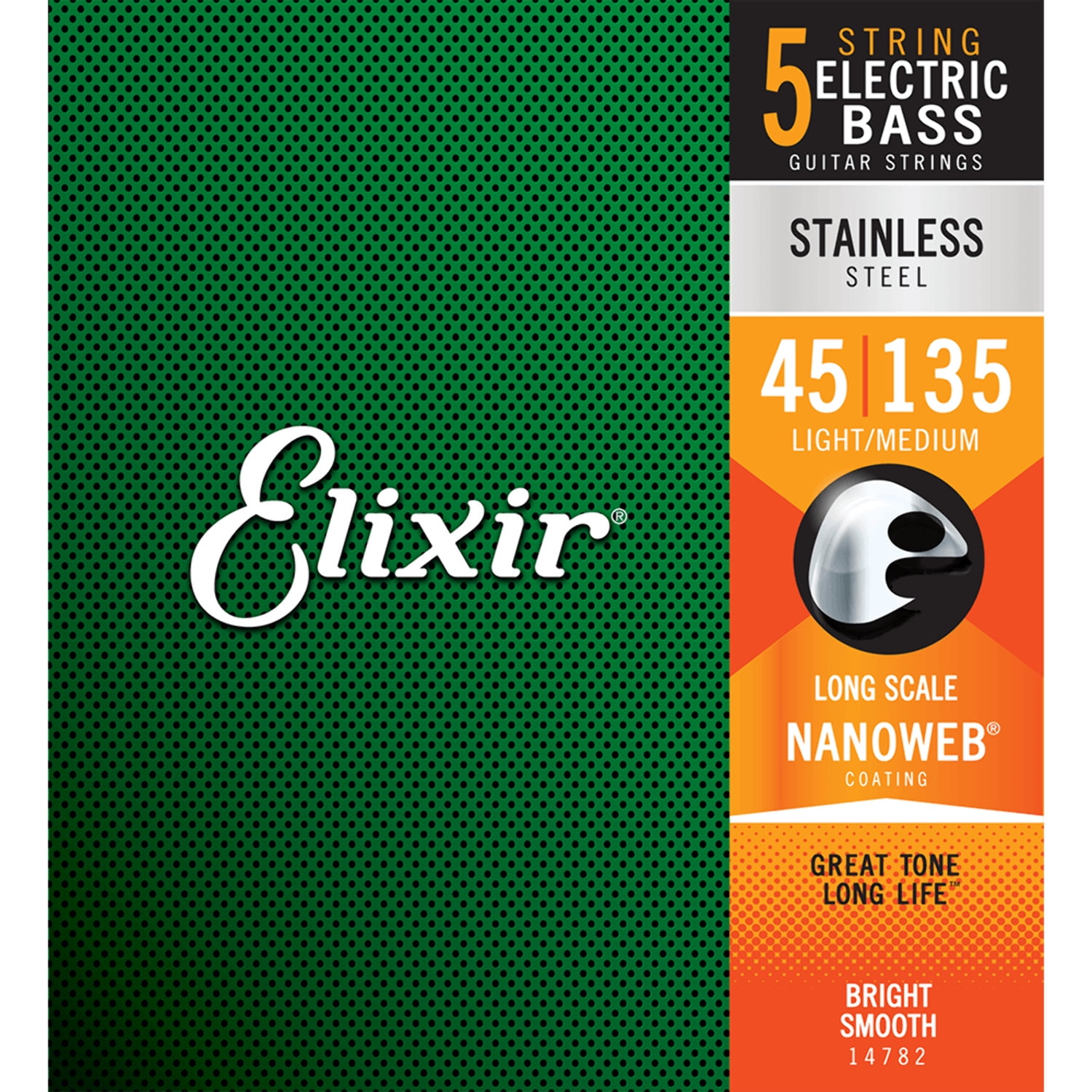 Elixir Stainless Steel 5-String Bass Strings Long Scale Light/Medium (.045-.135)