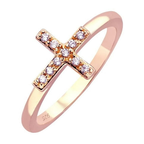 Sterling Silver 925 Rose Gold Plated Clear CZ Cross Christian Ring White Jewelry Female Size 6