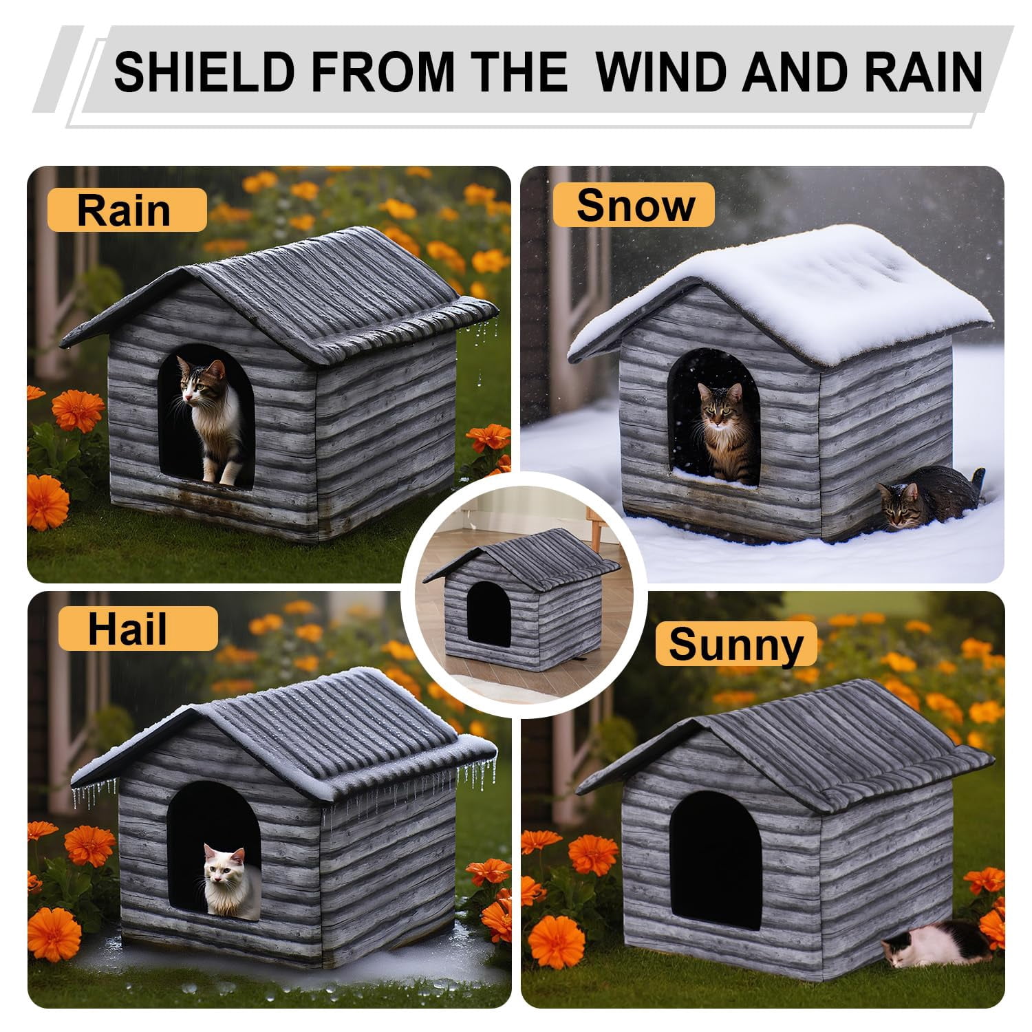 Outdoor Cat House Cat House for Outdoor and Indoor Use - Waterproof Shelter for Cats, Dogs, and Feral Animals (Grey Wood Color, Large)