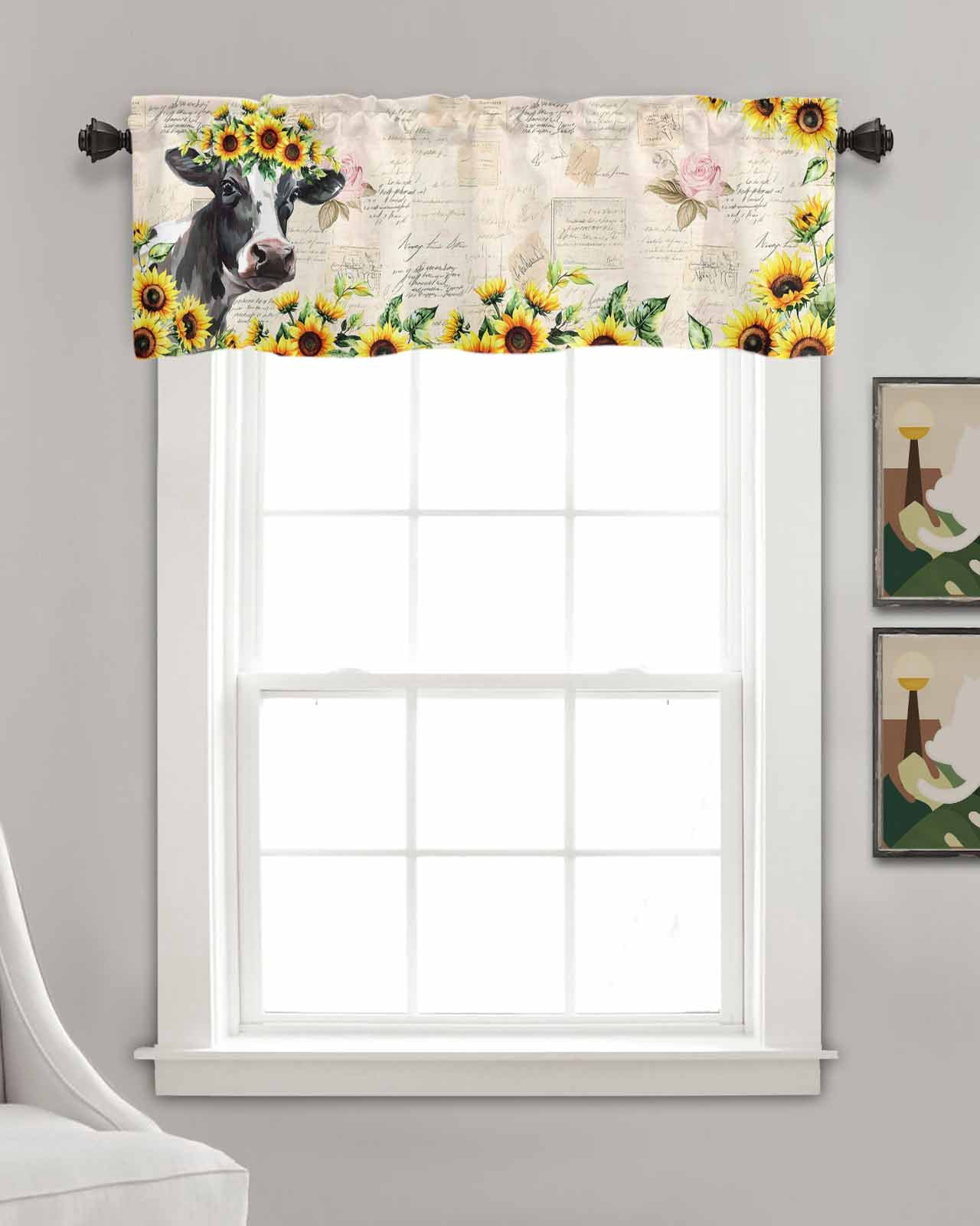 Farmhouse Cow Kitchen Valances for Windows Farmhouse Linen Window Valance Curtain for Living Room Window Treatment Sunflowers Rustic Botanical Animals Valance Rod Pocket Topper Drape, 42 x 12 Inch
