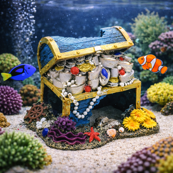 Large Aquarium Ornament Decorations Fish Tank Landscape, Treasure Chest Box