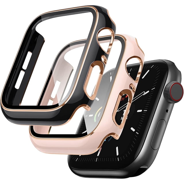 2 Pack Cases Compatible with Apple Watch Case 45mm Series 8 / 7 Built in Tempered Glass Screen Protector Ultra-Thin Bumper Full Coverage iWatch Protective Cover for Women Men (Pink/Black)