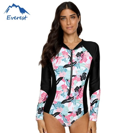 FeelGlad Women's Rashguard Long Sleeve Zip UV Protection Print Surfing Swimsuit  Bathing