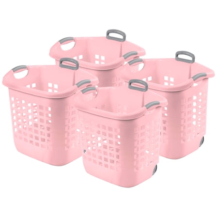Sterilite Ultra Wheeled Laundry Basket, 1.7 Bushel with Handles, Pink Frost, 4 Pack