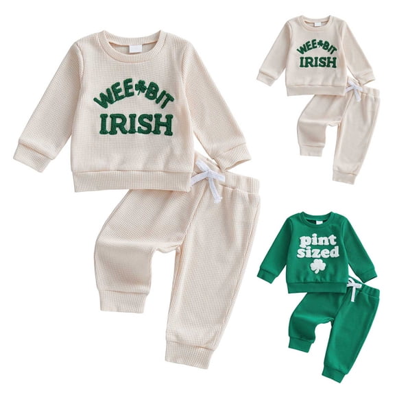 TTUHYWXI 2Pcs Newborn Baby Boy St Patricks Day Outfit Waffle Knit Sweatshirt T-Shirt Top Pants Set Toddler Fall Winter Clothes (Green, 12-18 Months)