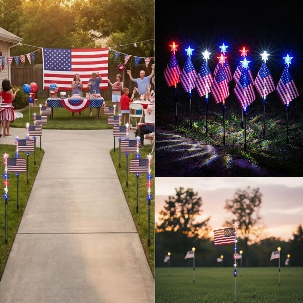 4th of July Decorations Outdoor American Flag Lights, 8-Pack Solar Powered Pathway Lights with USA Flags and LED Stars, Red White and Blue Patriotic Yard Decor, 26.5 Inch