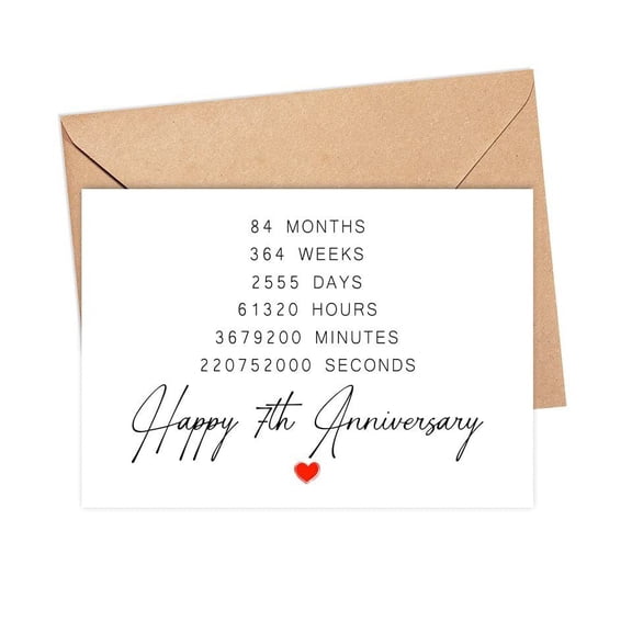 Happy 7th Anniversary Card – Unique Milestone Card with Time Calculations – Blank Inside – Includes Envelope, Perfect for Spouse Partner or Couples