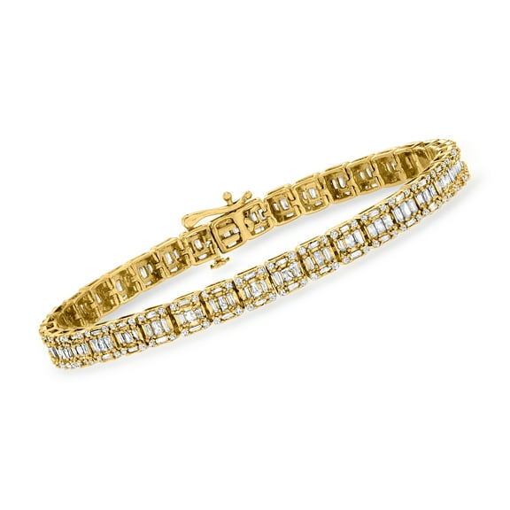 Ross-Simons 3.00 ct. t.w. Baguette and Round Diamond Rectangular Cluster Bracelet in 14kt Yellow Gold, Women's, Adult