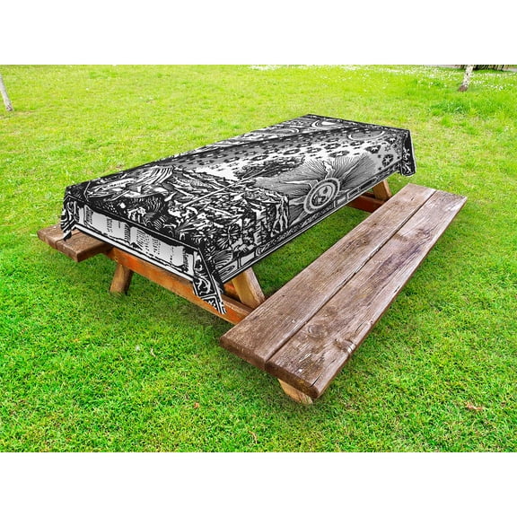 Vintage Outdoor Tablecloth, Medieval Sacred Picture with Moon and Sun End of the World Themed Illustration, Decorative Washable Fabric Picnic Tablecloth, 58 X 120 Inches, Charcoal Grey, by Ambesonne
