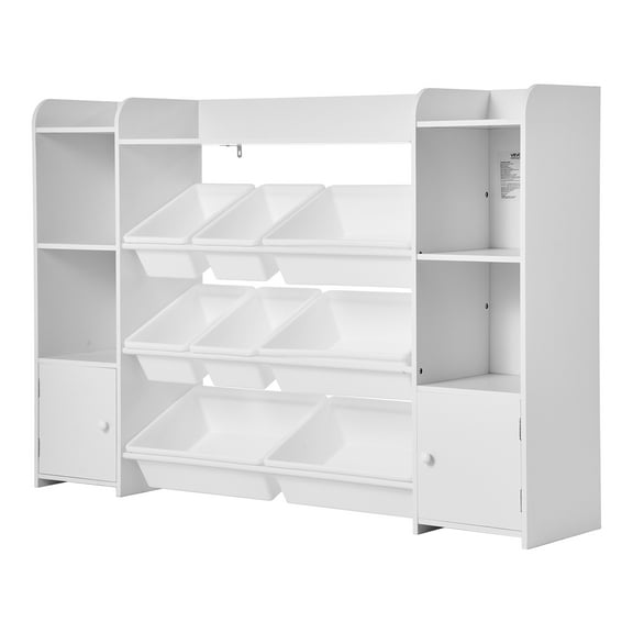 KFFKFF Kids Toy Storage and Bookshelf, 4-Tier Organizer with 8 Removable Plastic Bins, Children's Cubby Cabinet with Shelf for Study Rooms, Bedrooms, Playrooms, Classrooms, and Nurseries, White