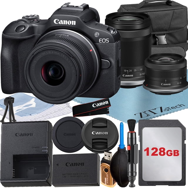 Canon EOS R100 Mirrorless Camera with RF-S 18-45mm + 18-150mm Lens + 128GB Memory Card + Case + ZeeTech Accessory Bundle