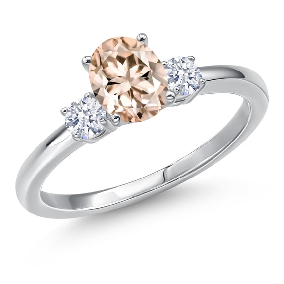Gem Stone King 14K White Gold Peach Morganite and White Zirconia Engagement Ring for Women | 0.87 Cttw | Oval 7X5MM | Gemstone October Birthstone | Size 5