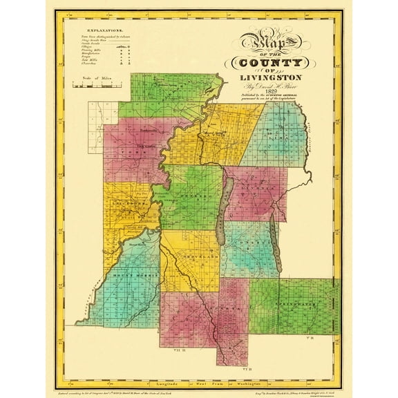 Historic County Map - Livingston County New York - Burr 1829 - Vintage Wall Art