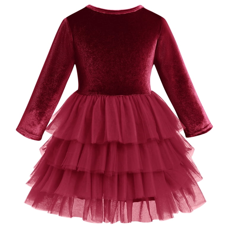 FYMNSI Velvet Christmas Dress for Girls Toddler Fall Winter Layered Tiered  Tulle Dresses Vintage Party Midi Gown 5-6 Years Wine Red - Walmart.com