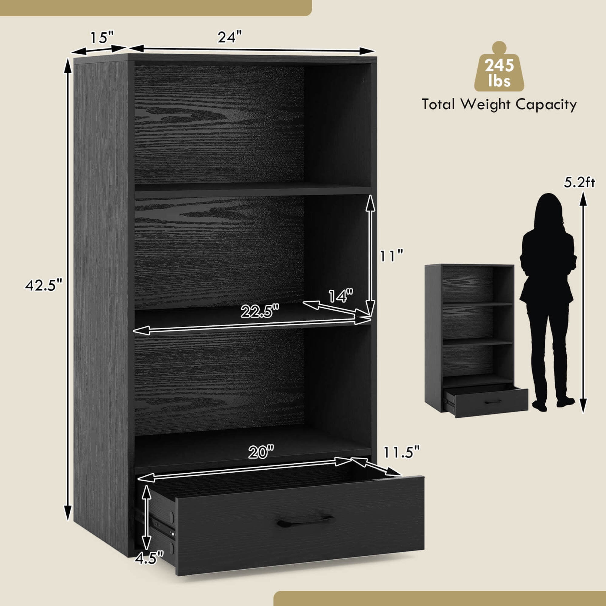 Costway 42'' Tall 4-tier Storage Shelf Wood Bookcase with Drawer Home Organizer Display Rack Black