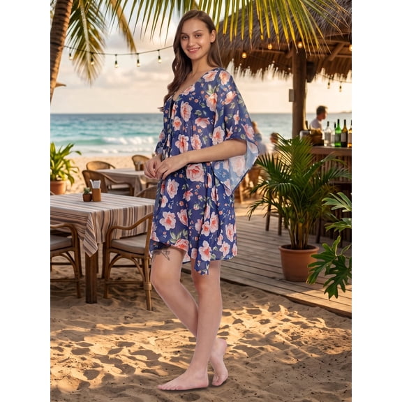 Safeera Blue White Floral Swim Cover-Ups Lightweight Polyester