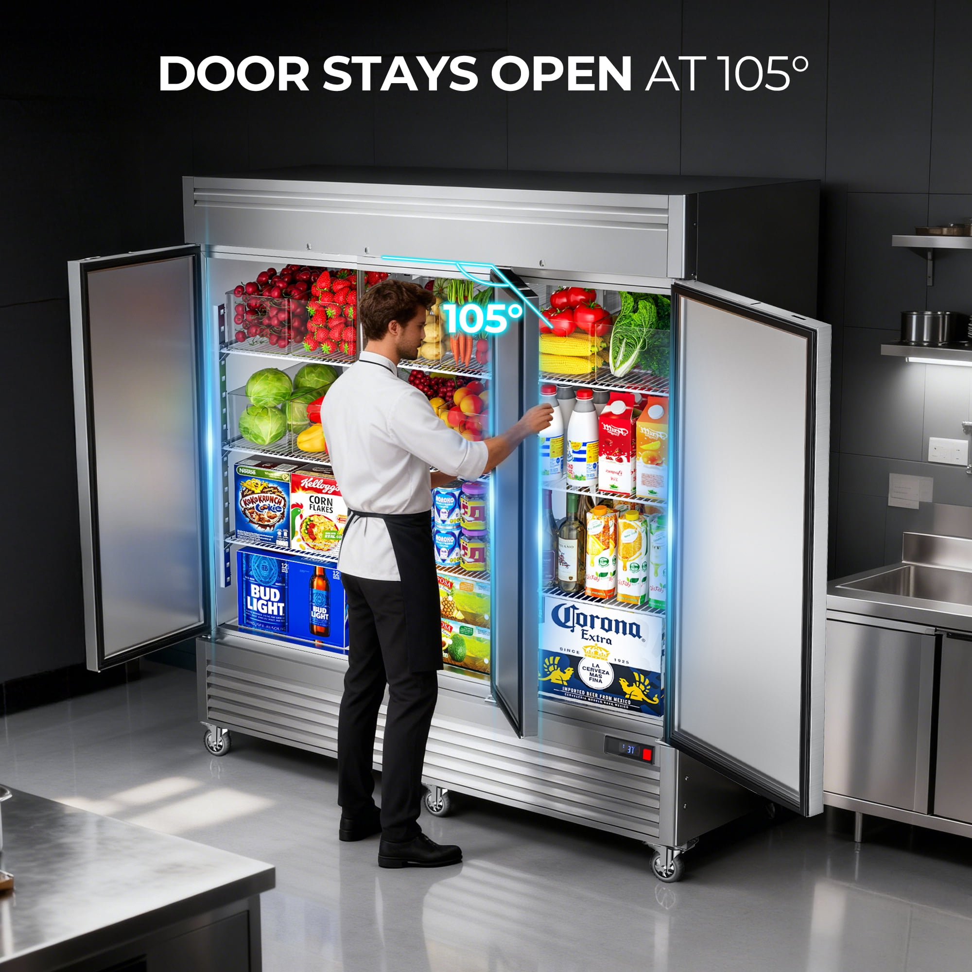 Coolake 82" Width Commercial Refrigerator 3 Solid Doors, 72 Cu.ft Stainless Steel Reach-in Upright Fridge with LED Lighting, Fan Cooling Refrigerator for Restaurant Cafe Hotel Kitchen Prep Area