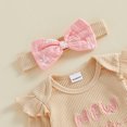 thumbnail image 6 of Cjfdfy Newborn Baby Girl Fall Winter Outfits New To The Crew Letter Embroidery Ruffle Long Sleeve Ribbed Romper Bow Pants Headband Infant Cute Bow Fall Winter Outfits, 6 of 9