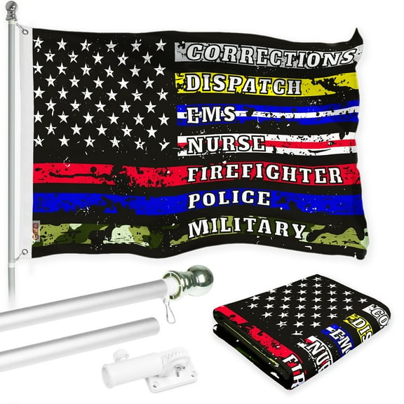 G128 Combo Pack: 6 Ft Tangle Free Aluminum Spinning Flagpole (Silver) & Thin Line First Responders American Flag 3x5 Ft, LiteWeave Pro Series Printed 150D Polyester | Pole with Flag Included