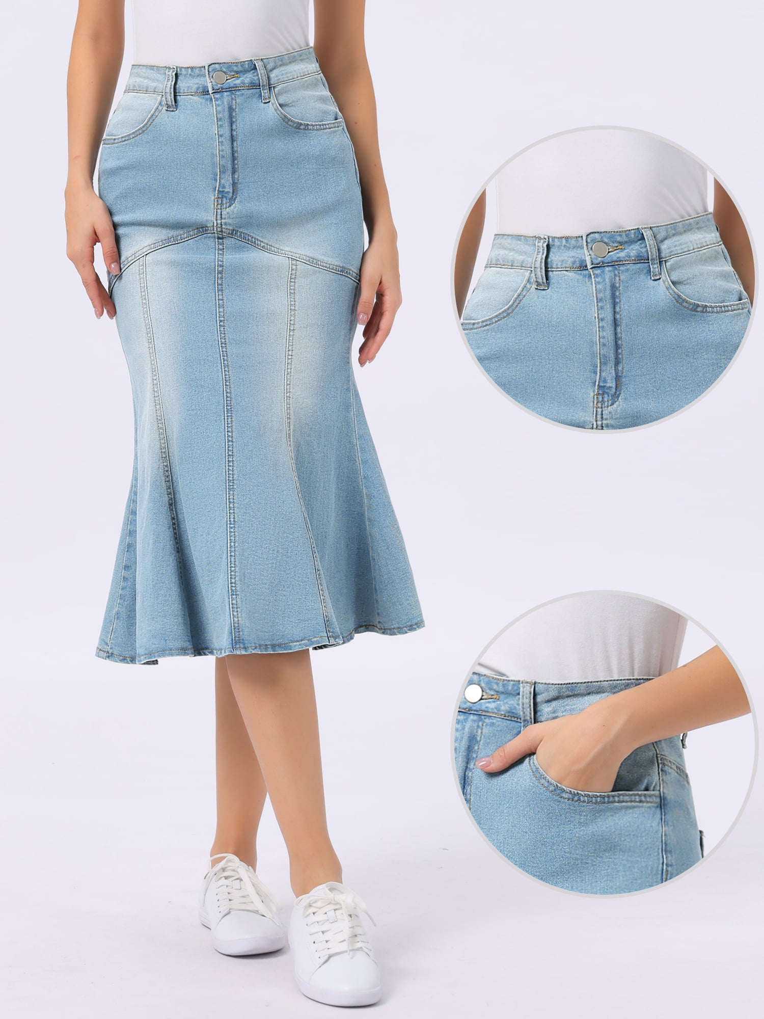 DARING DIVA Fishtail Denim Skirt Women's Washed Midi Jean Bodycon Skirt S Light Blue