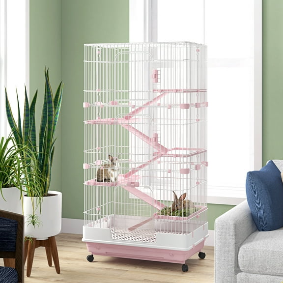 PawHut 32"L 6-Level Small Animal Cage with Lockable Wheels, Tray, Pink